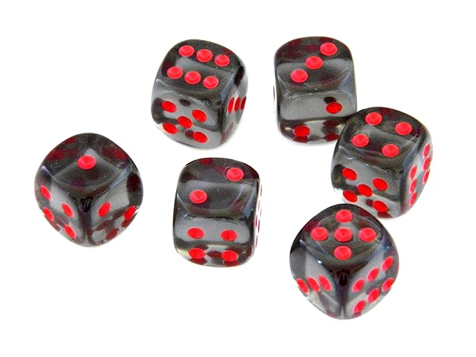 6 Würfel von Chessex - 16mm ('Standardgröße') Transparent/Kristall, Rauch mit Rot / Smoke with Red