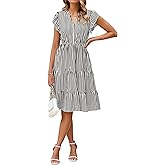 Glamaker Floral Tiered Midi Sundress Casual Summer V Neck Flutter Sleeve Striped Sun Dress with Pockets