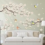 DECOWALL White Cherry Blossom Branch Wall Sticker Flower Birds Decal Bedroom view 2