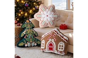 Lanpn Christmas Throw Pillows Set of 3, Christmas Decoration Winter Throw Cushion Snowflake Gingerbread House 3D Shaped Xmas Tree Pillow for Sofa Living Room Bedroom Xmas Decor