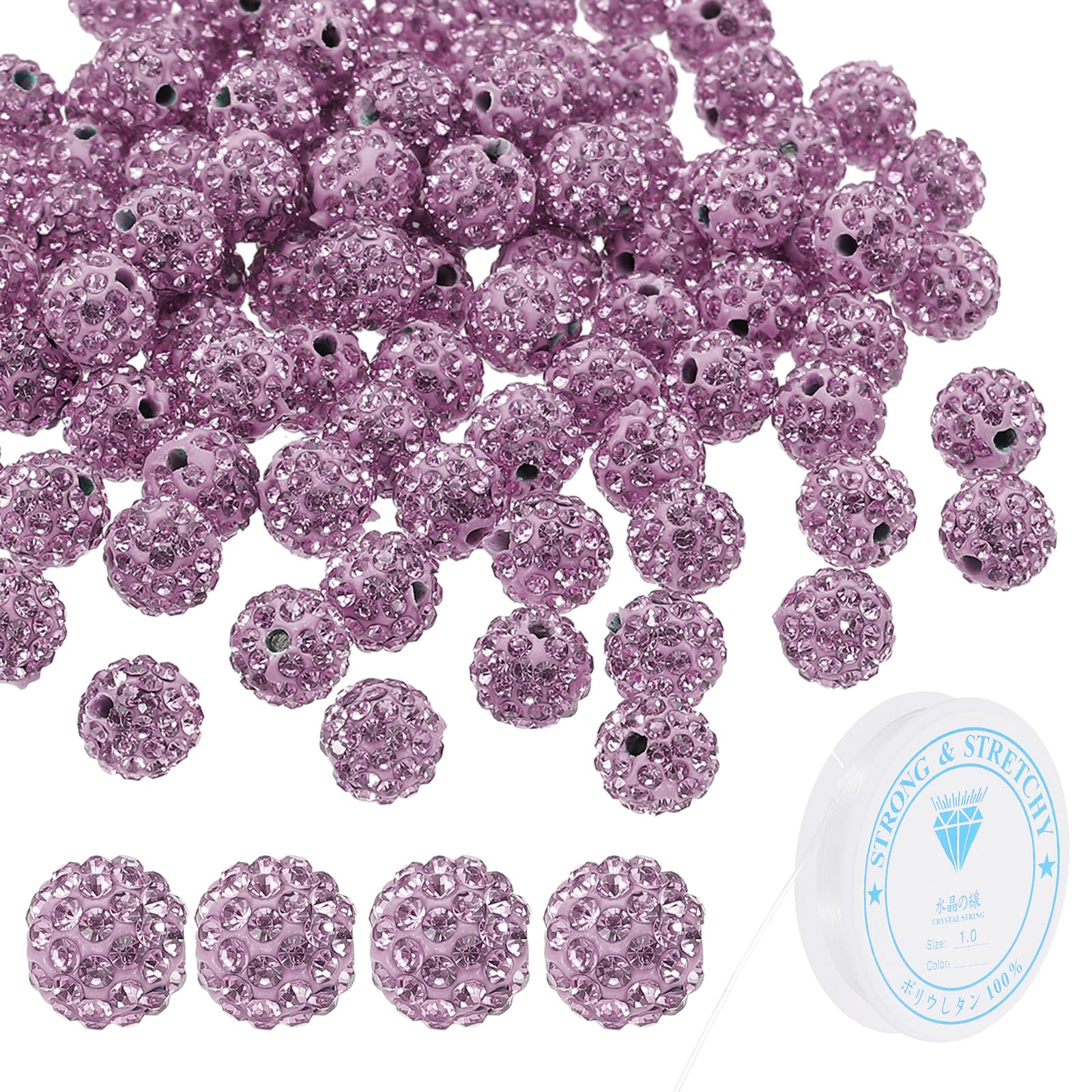 PATIKIL 10mm Rhinestone Clay Beads for Jewelry Making, 120 Pack Round Ball Polymer Clay Crystal Charm Beads with Elastic String for Craft Decor Necklace Chain Bracelets DIY, Purple