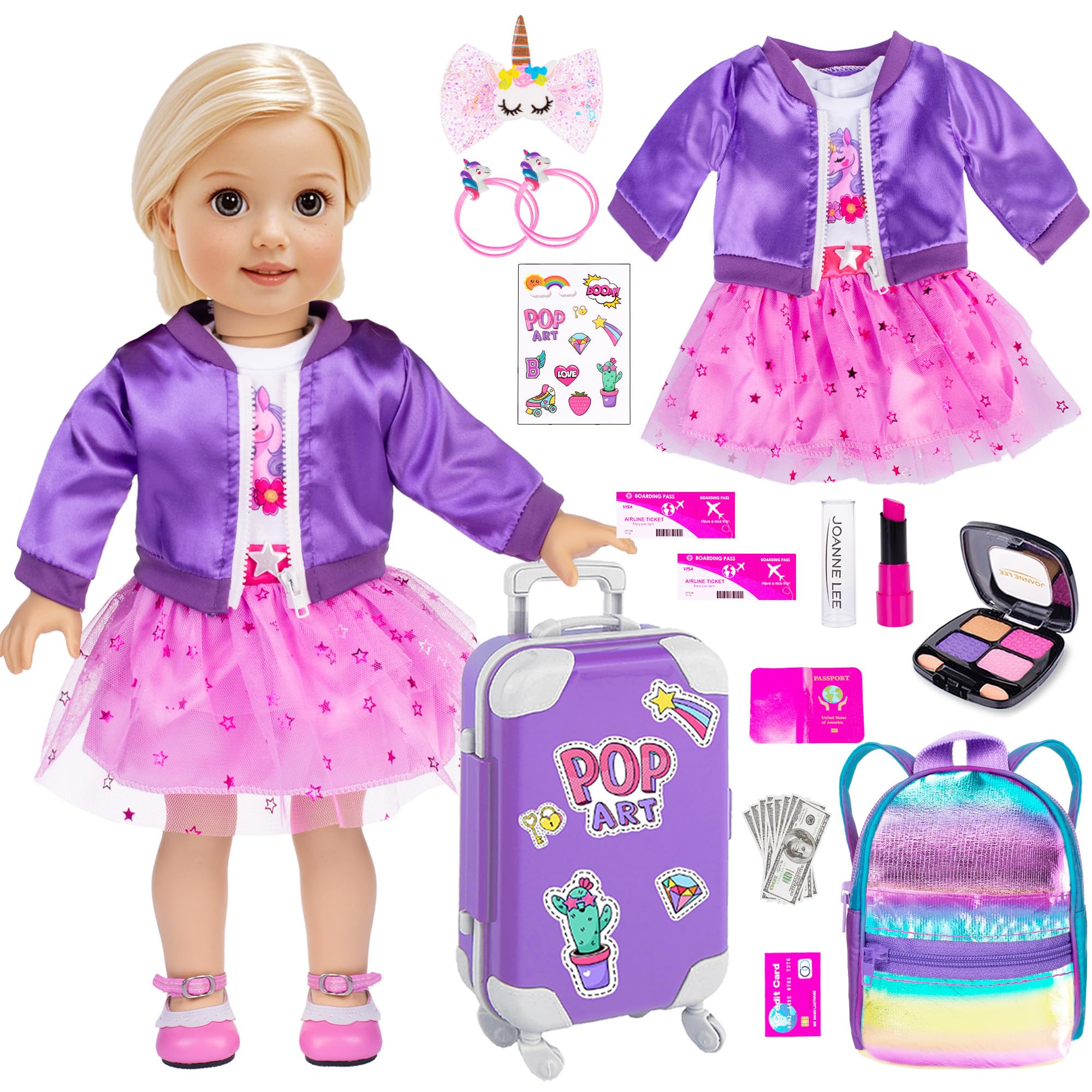 24pcs American 18 inch School Supplies Suitcase Doll Clothes and Accessories Play Set Includes Coat Dress School Bag Sticker Cash Toys (No Doll)