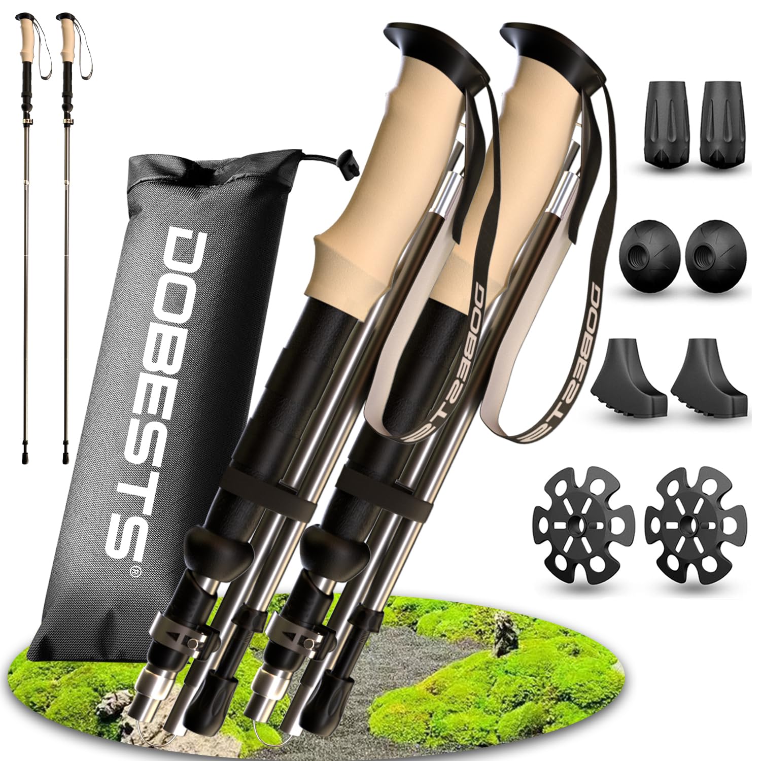 DOBESTS Walking Hiking Poles, 2 Pack Folding Trekking Stick with Quick Lock System, Nordic Walking Sticks for Women and Men, Walking Poles Lightweight Telescopic (Silver Grey-Cork Grips)