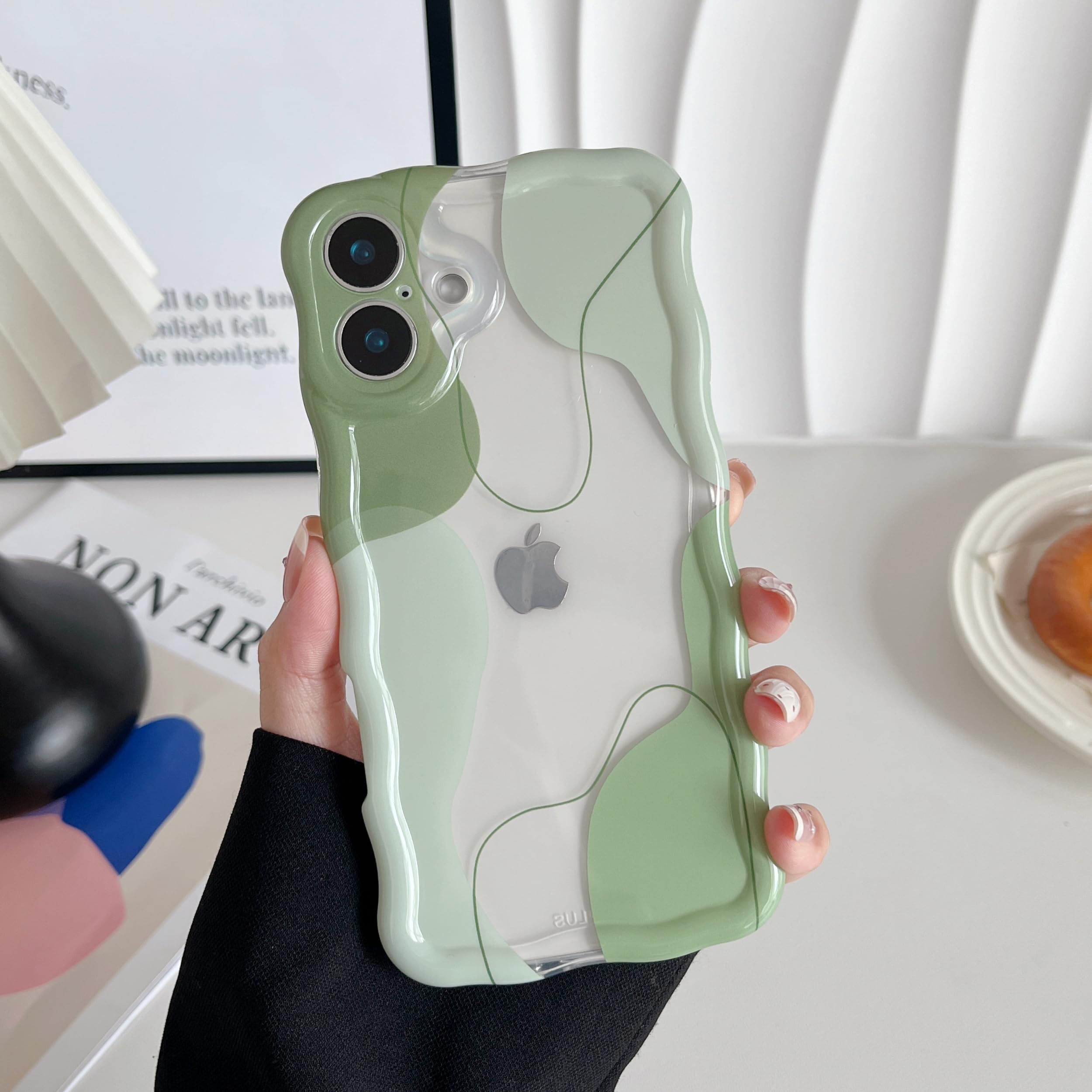 Photo 1 of DEFBSC for iPhone 17 Case, Cute Clear Wavy Art Design Aesthetic Pattern Phone Case for Women Girls, Wave Frame Durable Protective Cover Full Camera Protection Bumper for iPhone 17, Green