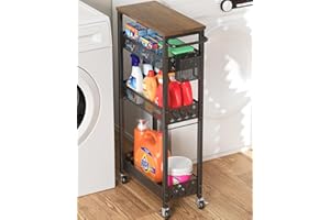 XYZLVSI Slim Storage Cart 4 Tier Laundry Cart with Wheels, Narrow Metal Kitchen Rolling Carts Bathroom Organizers Storage Shelf with Wood Rack and Handle for Small Space