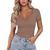 LUXVEER Women Short Sleeve Lace V Neck Shirts Ribbed Knit Fitted Basic Tee Tops Business Dressy Casual Summer Blouses T-Shirt