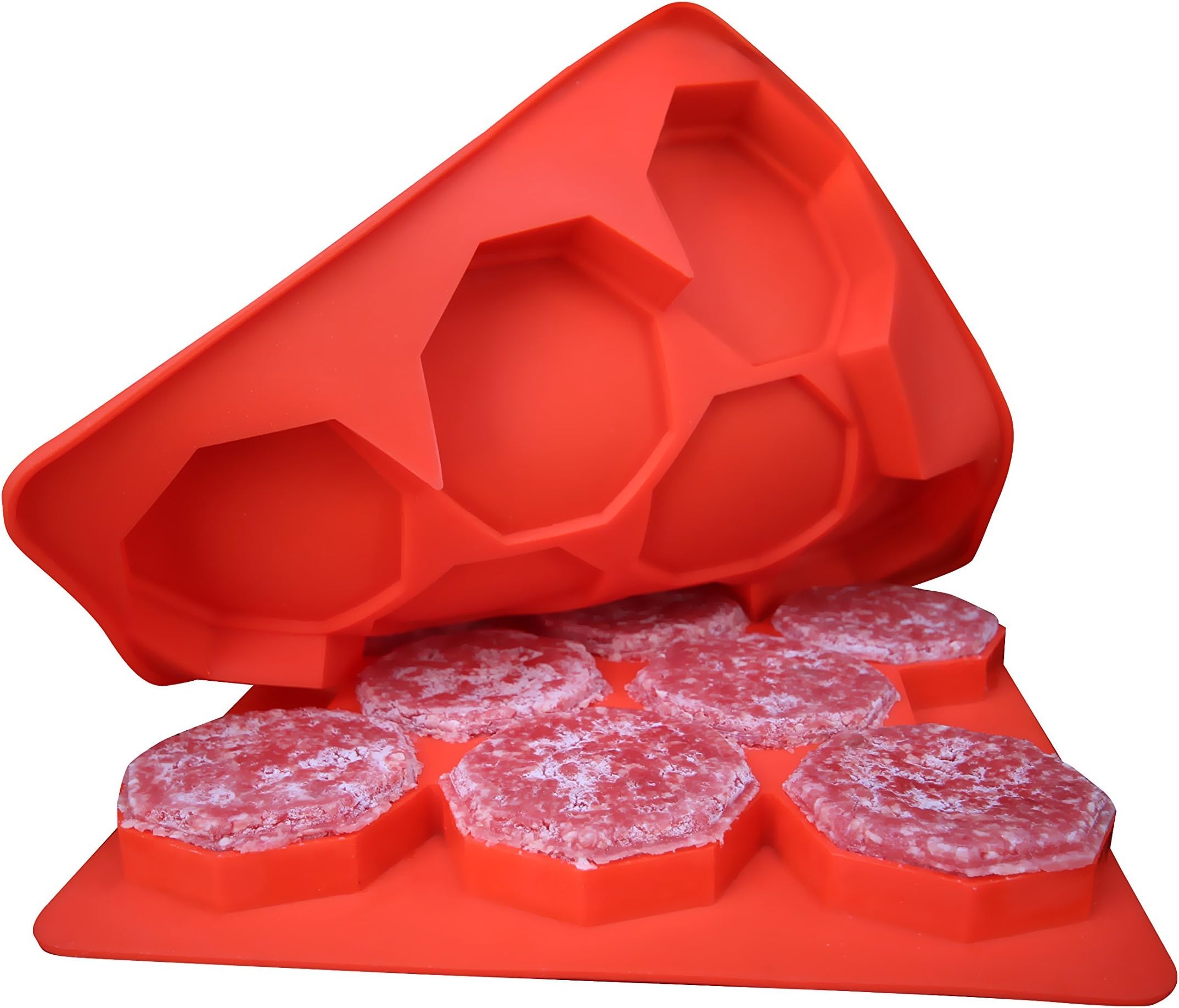MrLifeHack Silicone Burger Press by, Best 8 in 1 Hamburger Patty Maker, 100% BPA FREE Non-Stick Container, Freeze and Store Patties, Makes Burgers Quick and Easy, Perfect for BBQ, Red