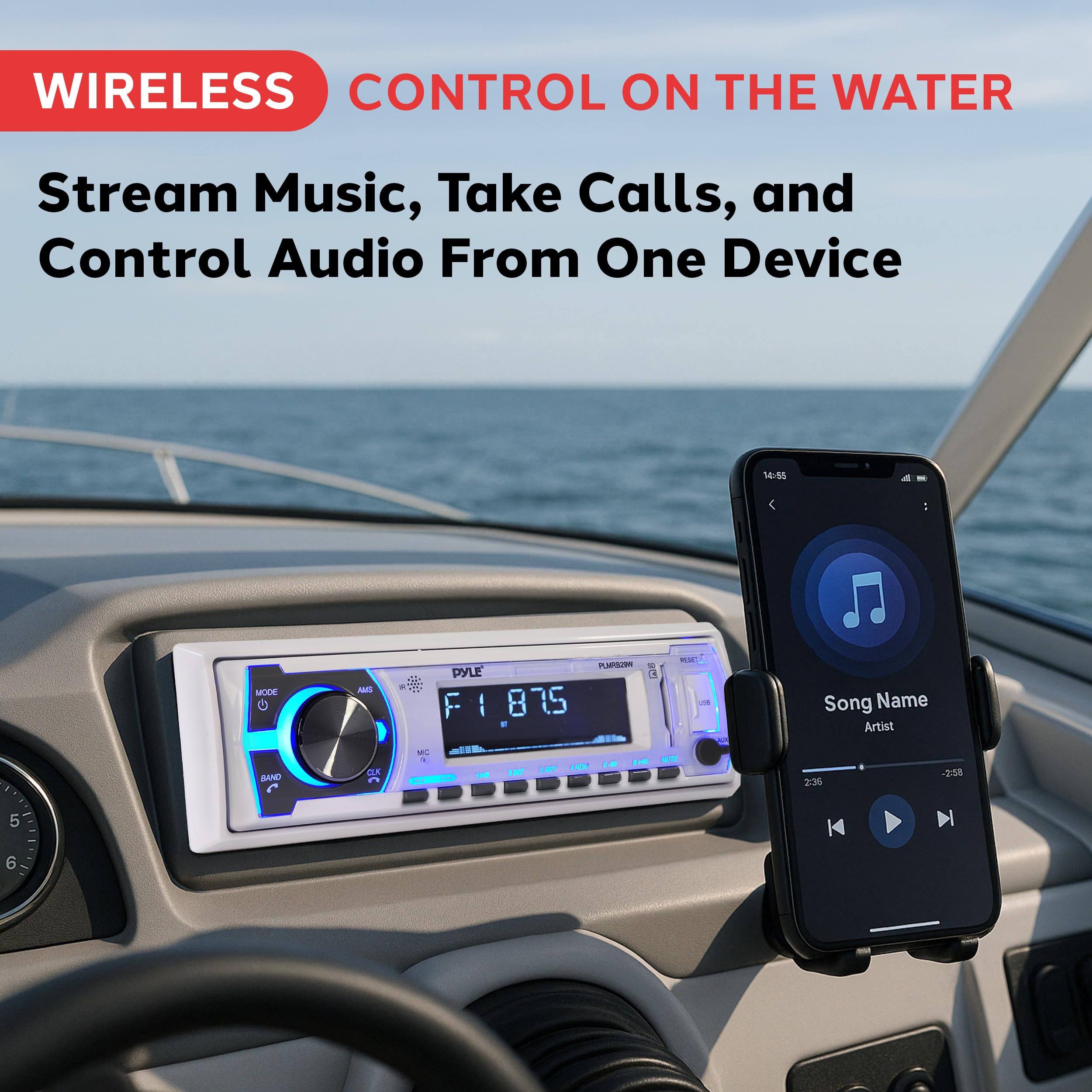 Pyle Marine Bluetooth Stereo Radio - 12v Single DIN Style Boat In dash Radio Receiver System with Built-in Mic, Digital LCD, RCA, MP3, USB, SD, AM FM Radio, Remote Control, White - PLMRB29W