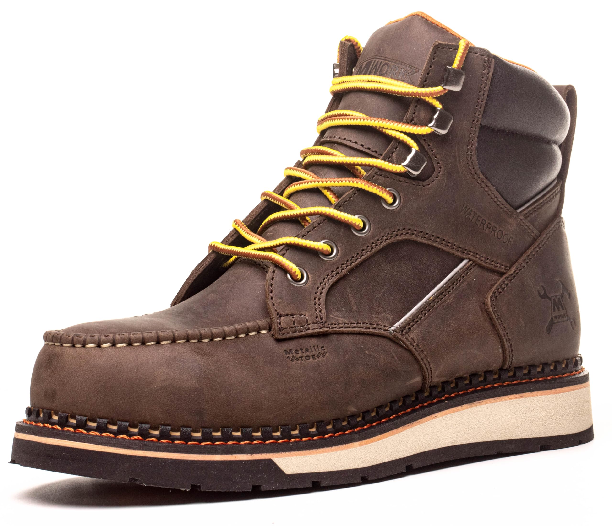 Photo 1 of MWORK 6" Moc Toe Work Boots For Men Wedge Sole Leather Waterproof ASTM F2413-18 Safety Metallic Toe EH Rated Arch Support Anti Fatigue