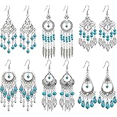 6 Pairs Bohemian Turquoise Dangle Earrings for Women Antique Silver Teardrop Tassel Long Earrings Boho Vintage Jewelry Set