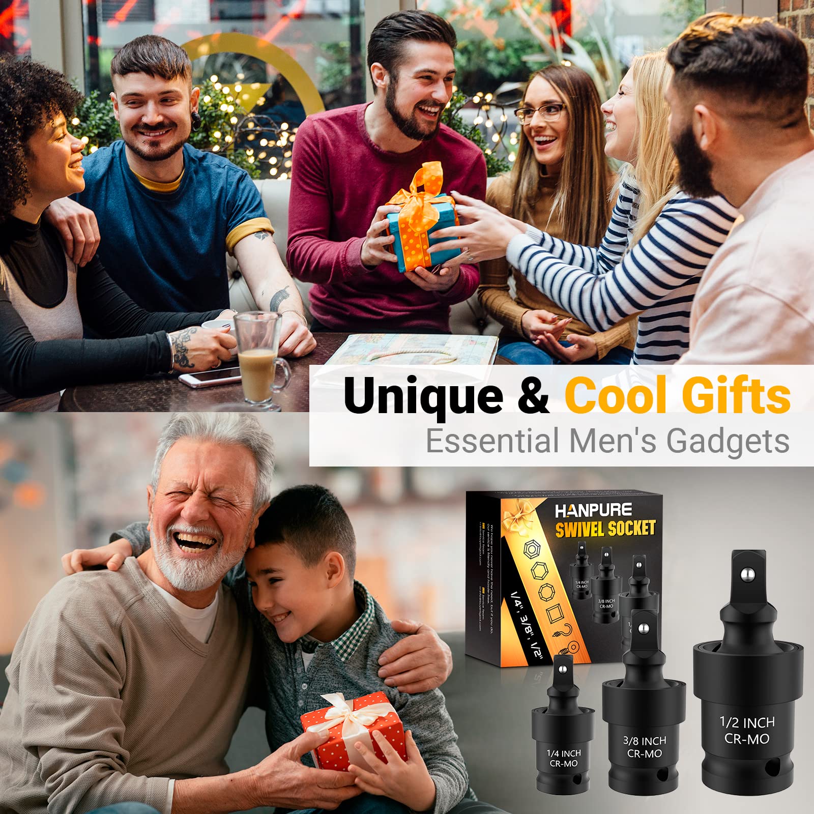 Stocking Stuffers for Men, Mens Gifts for Christmas, Impact Swivel Socket Set Gadgets Tools for Men, CR-MO 1/4