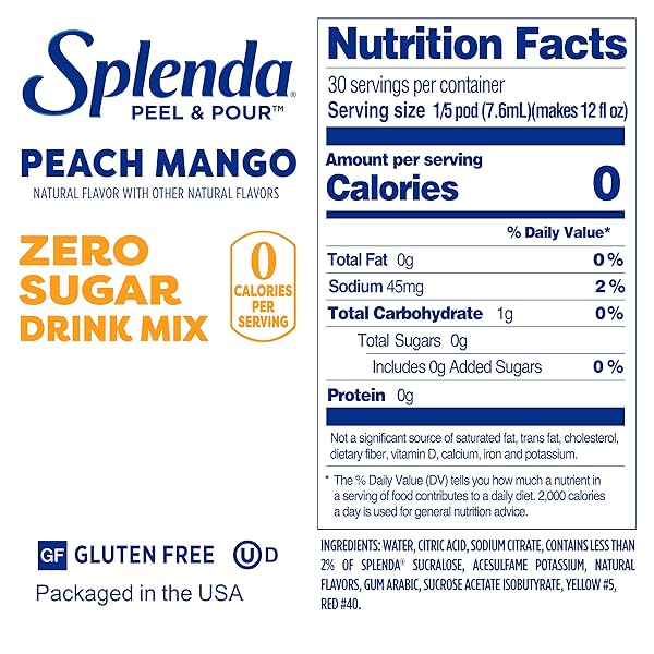 SPLENDA PEEL AND POUR ZERO CALORIE DRINK MIX, NATURALLY FLAVORED SUGAR FREE CONCENTRATE, 6 MULTI SERVE LIQUID PITCHER PODS (PEACH MANGO), PACK OF 1, 2.0 QUARTS