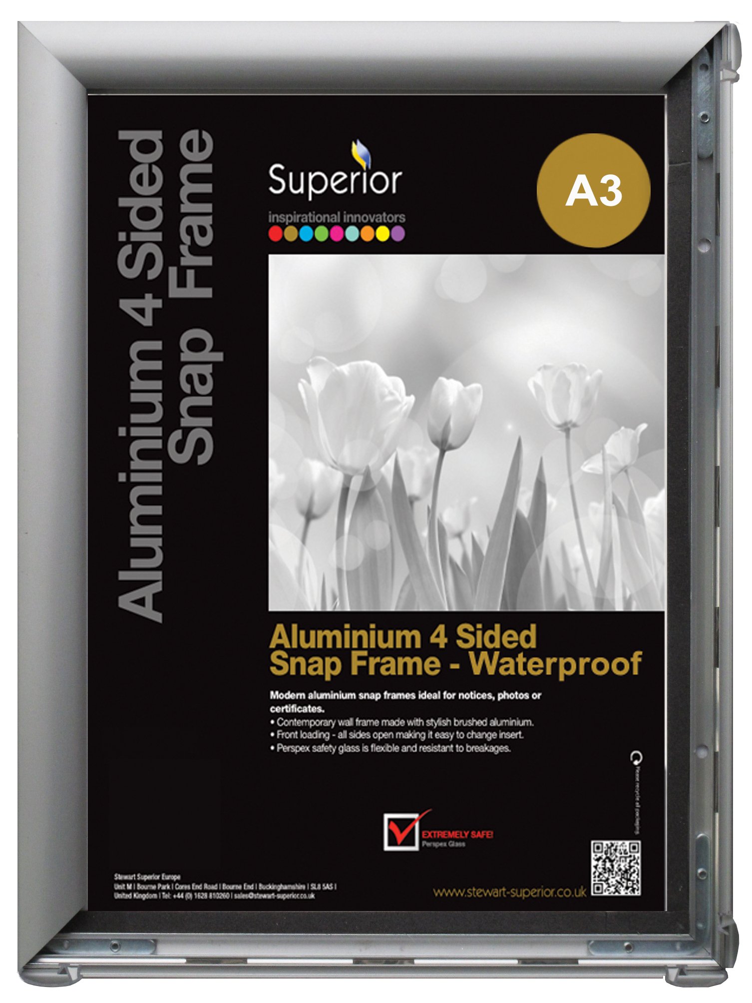 Stewart Superior A3 Waterproof Aluminium 4 Sided 25mm Front Loading Picture/Poster Snap Frame - Silver