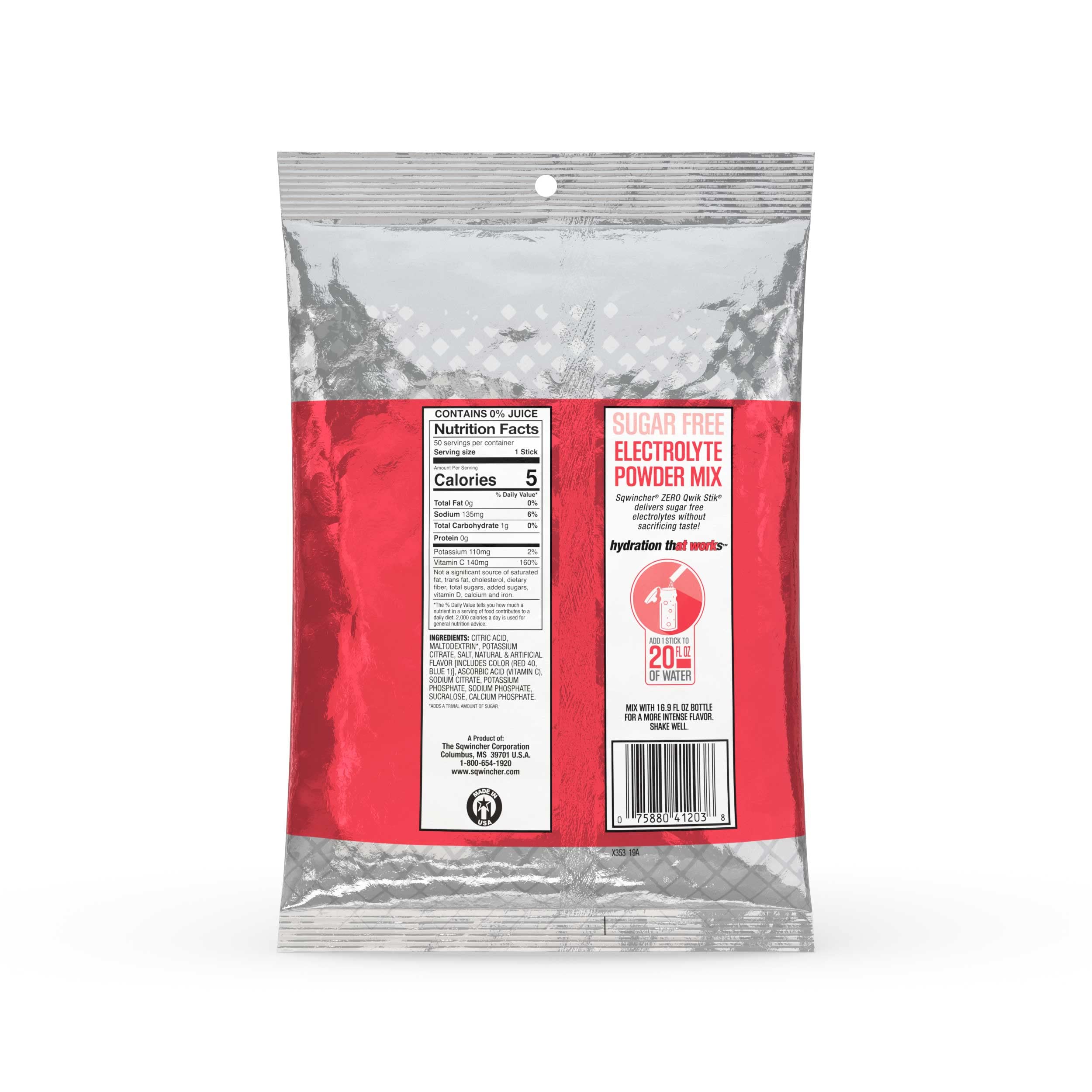 Sqwincher Zero Qwik Stik, Fruit Punch, Sugar Free, Low Calorie, Low Sodium Electrolyte Powder Hydration Drink Mix, .11 0z Packet (Pack of 50)