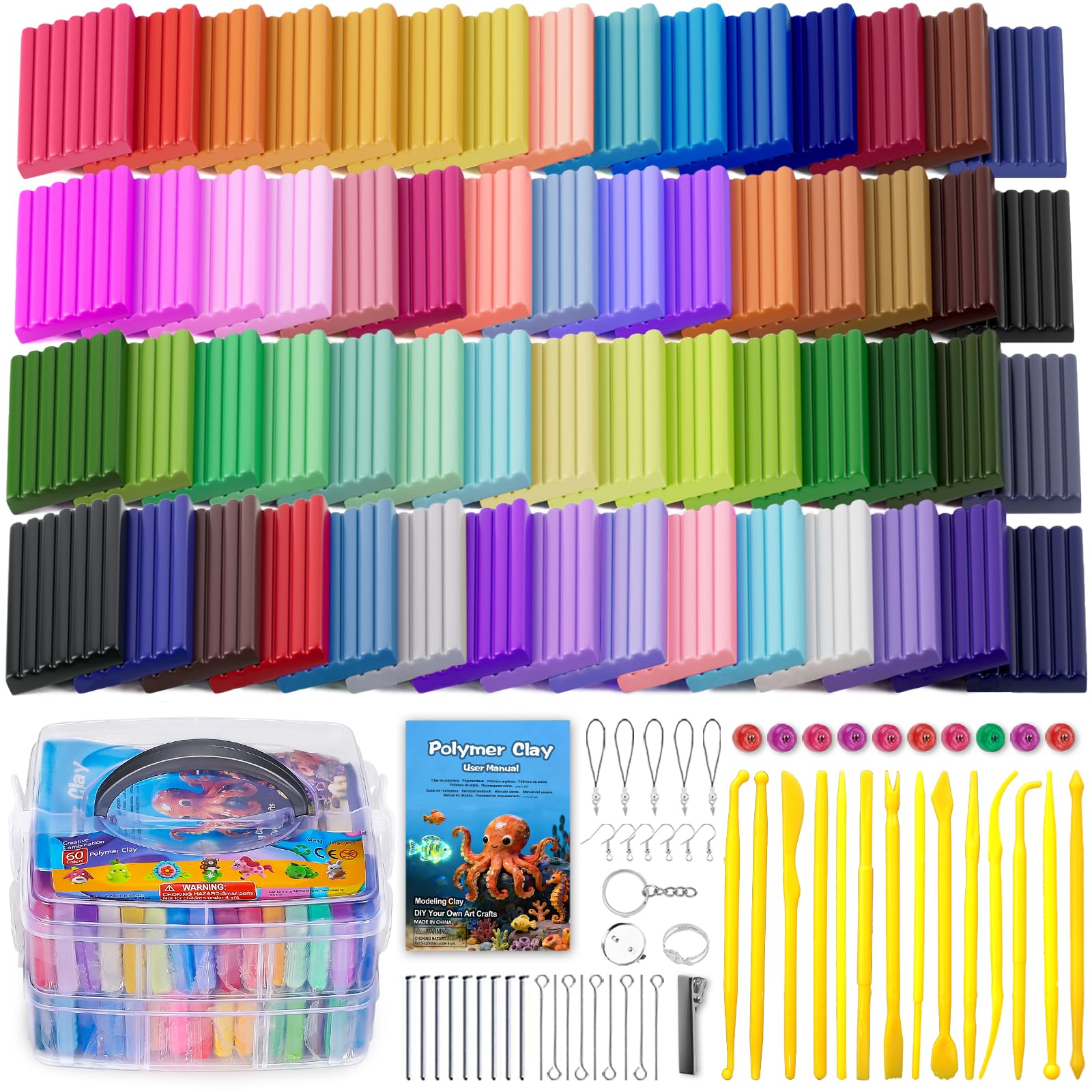 Polymer Clay Set, Ixiaoyoo 60 Colors Modeling Clay Kit with Sculpting Tools and Accessories Oven Bake Clay Non-Toxic Non-Sticky, Creative Gift for Children and Artists