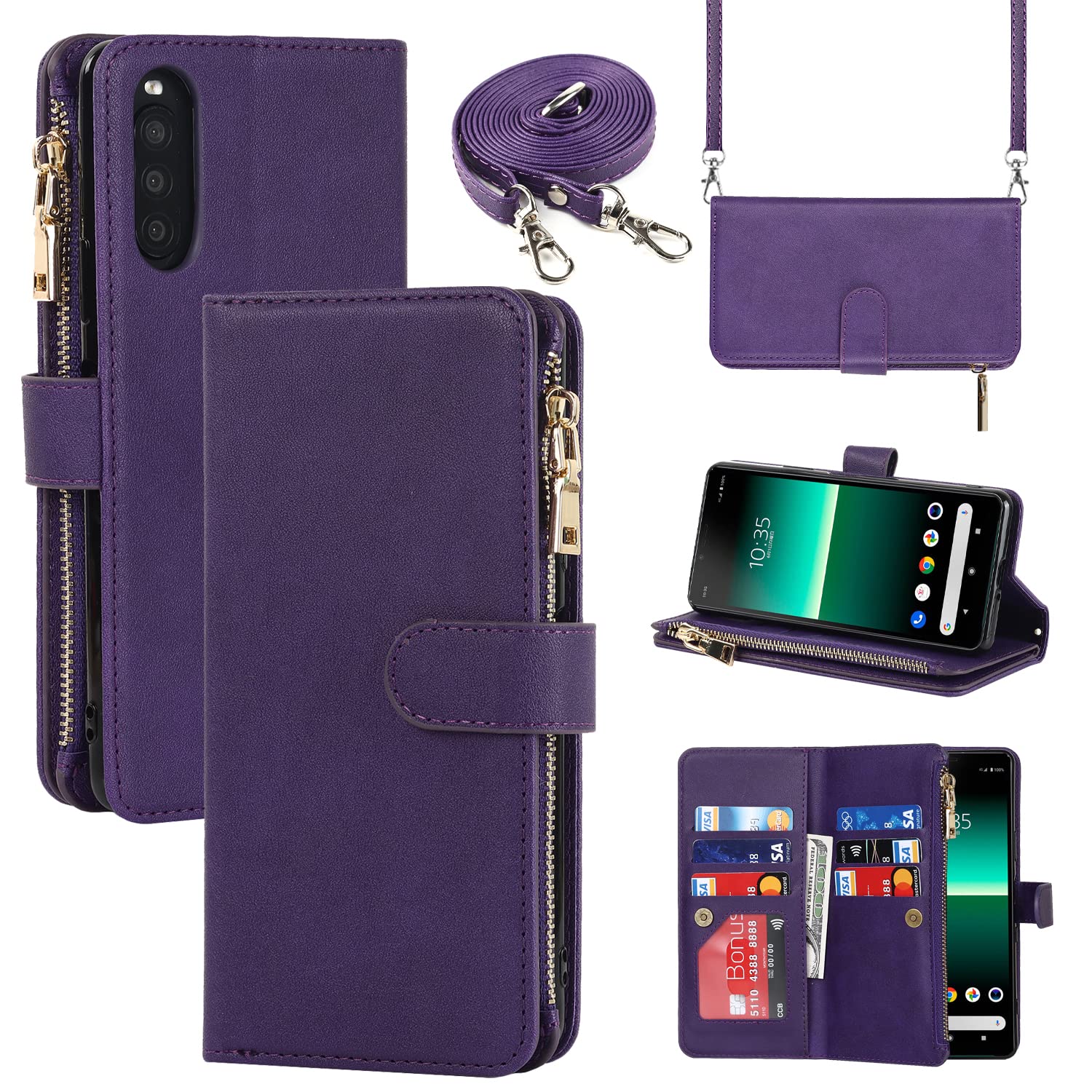 Cavor Phone Case Compatible with Sony Xperia 10 II Case With Card Holder With Strap,Flip Leather Wallet Case,[9 Card Holders][Zipper Pocket],Crossbody Cover Case for women - Purple