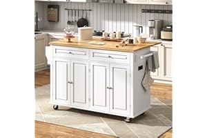 GITUA 59" W Rolling Kitchen Island with Drop Leaf – Movable Kitchen Carts on Wheels Island with Storage Cabinet, Island Table for Kitchen with Rubber Wood Top and Rack and Drawers, Matte, White