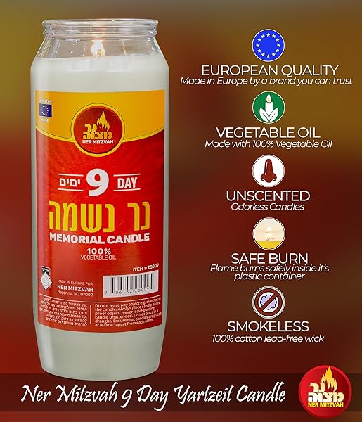 NER MITZVAH 9 DAY YAHRTZEIT CANDLE – KOSHER MEMORIAL AND YOM KIPPUR CANDLE IN PLASTIC HOLDER