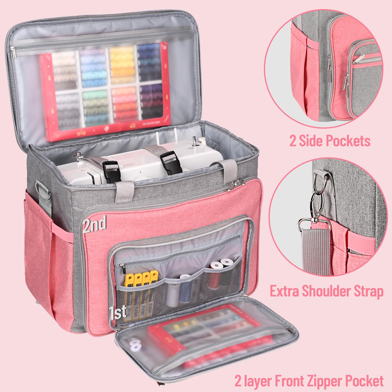 FINESUN Sewing Machine Carrying Case with Multiple Storage Pockets, Universal Tote Bag with Shoulder Strap Compatible with Most Standard Singer, Brother, Janome, Pink