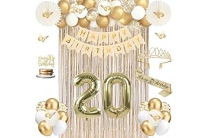 20th Birthday Decorations for Girls, 48pcs Champagne Gold 20th Birthday Party Decor, 20 Sash and Tiara, Fringe Curtain, Banne