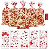 Valentine Treat Bags, Valentine Cellophane Treat Bags, 50 PCS Plastic Clear Valentines Gift Bag Candy Cookie Goodie Snack Bag with Twist Ties for Valentines Day Wedding Party Favor Supplies, 5 Styles