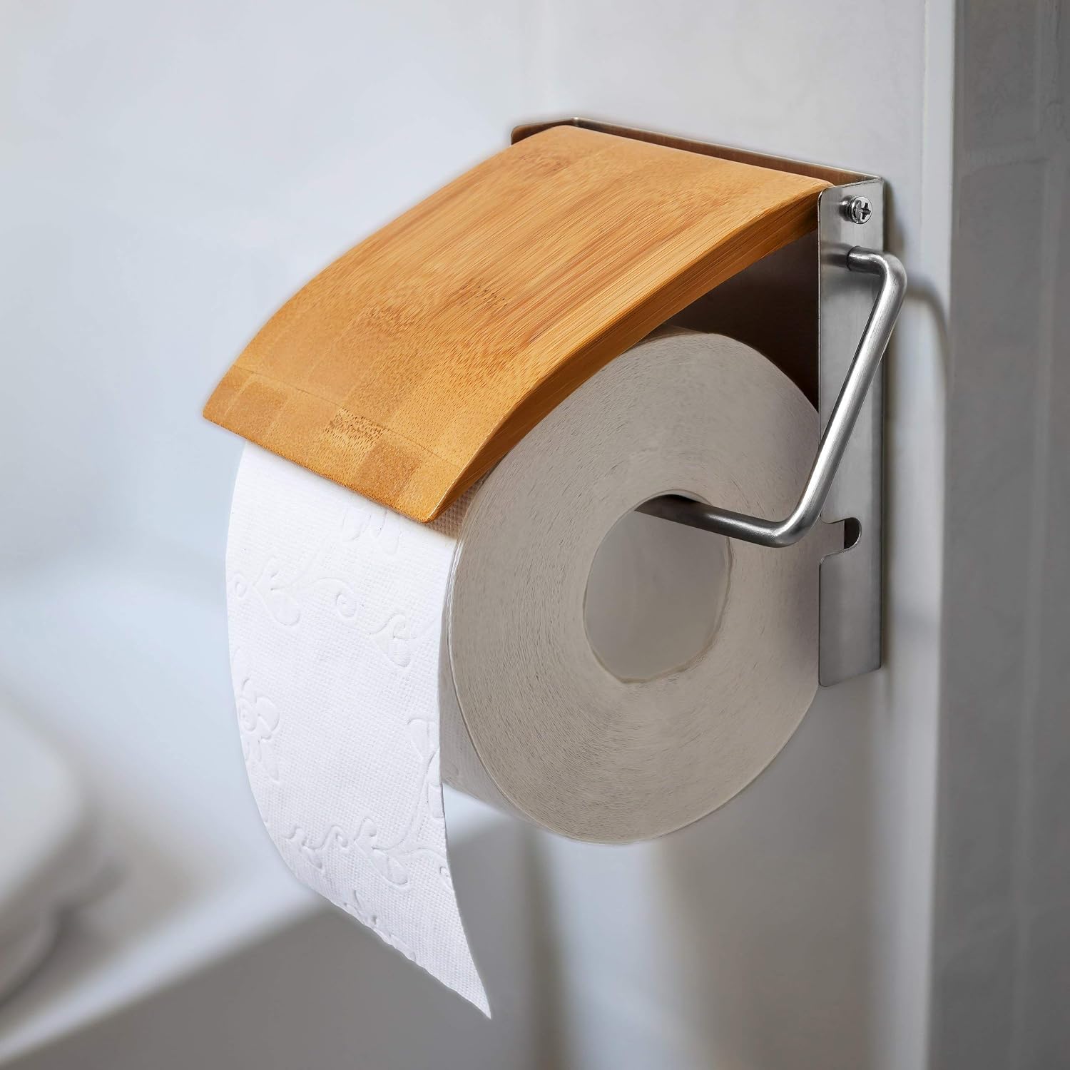 Relaxdays Mounted Roll Made of Bamboo and Stainless Steel Bathroom Wall Toilet Paper Holder, Natural, 2.5 x 14.5 x 13.5 cm - Image 3
