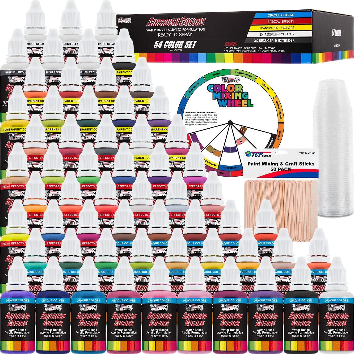 U.S. Art Supply 54 Color Ultimate Acrylic Airbrush, Leather & Shoe Paint Set with Cleaner, Thinner, 50-Plastic Mixing Cups, 50-Wooden Mix Sticks and a Color Mixing Wheel: Toys & Games