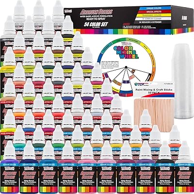 U.S. Art Supply 54 Color Ultimate Acrylic Airbrush, Leather &amp; Shoe Paint Set with Cleaner, Thinner, 50-Plastic Mixing Cups, 50-Wooden Mix Sticks and a Color Mixing Wheel