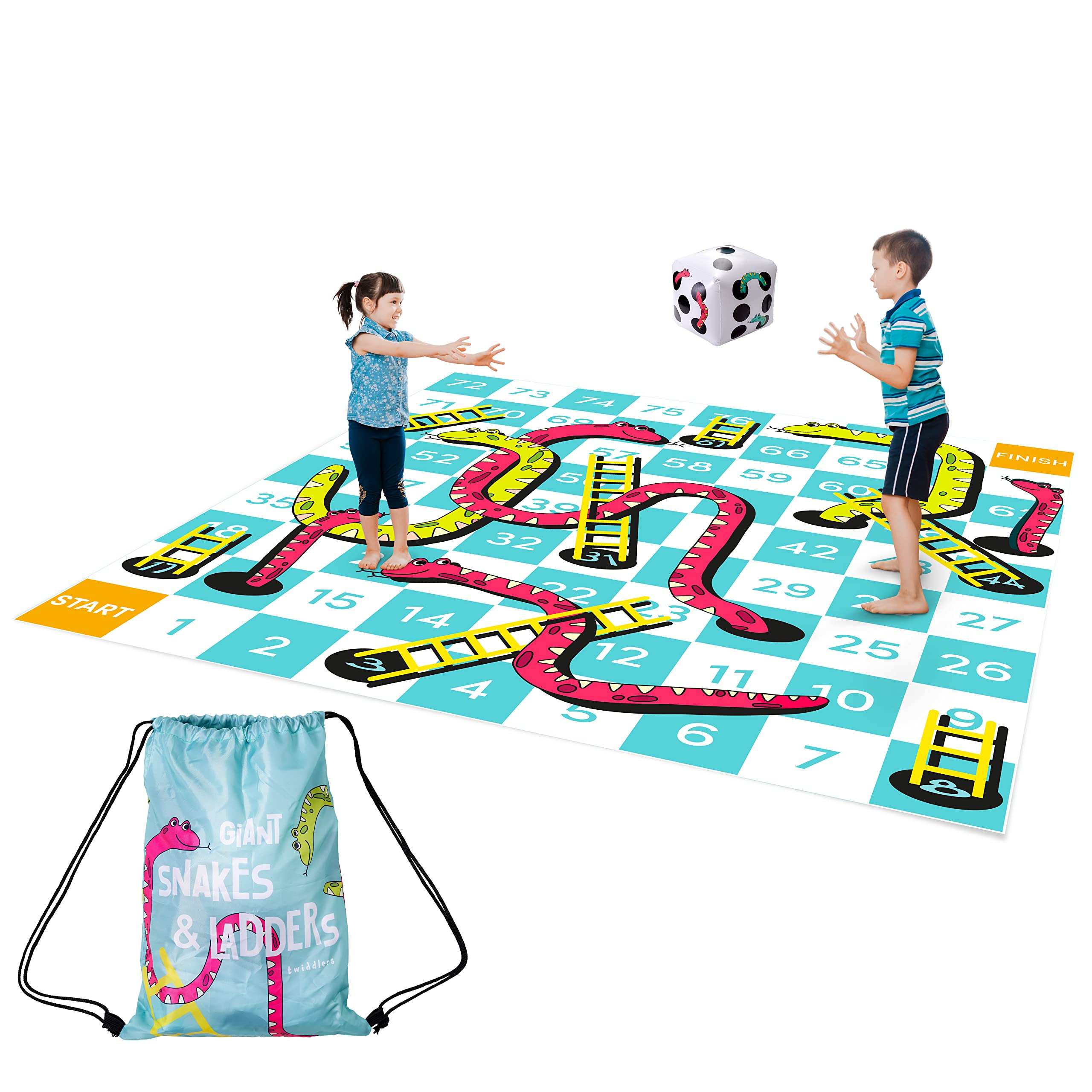 THE TWIDDLERS Giant Snakes and Ladders Garden Game, 3x3m - Waterproof PVC Floor Mat with Inflatable Dice and Storage Bag for Family Parties, Schools and Outdoor Play