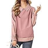 LAI MENG FIVE CATS Women's Collared Patchwork Stirpe Tops Casual Long Sleeve Pullover Blouse