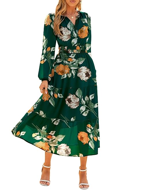 Simplee Women's Floral Boho Long Sleeve Maxi Dress V Neck Empire Waist Swing Flowy Wedding Guest Dress Green Floral S