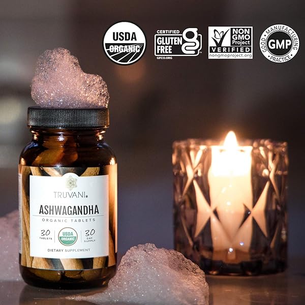 TRUVANI ORGANIC ASHWAGANDHA | DAILY ENERGY, POSITIVE MOOD SUPPORT, SUPPORTS BRAIN HEALTH | SUPPORTS MUSCLE GROWTH AND ENDURANCE | HEALTHY SLEEP SUPPORT | NON-GMO | 30 DAY SUPPLY
