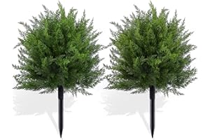FAJUNZH 23.6" Artificial Cypress Topiary Christmas Tree with Spike, 2 Pack Faux Cedar Bushes UV Resistant Fake Shrubs for Front Porch Winter Decor (Cedar Topiary Ball Trees)