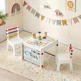 DOREROOM Wooden Kids Table & Chair, Graffiti Desktop & Storage, Multicolor | 4-in-1 Activity Table Set for Drawing, Crafts & 