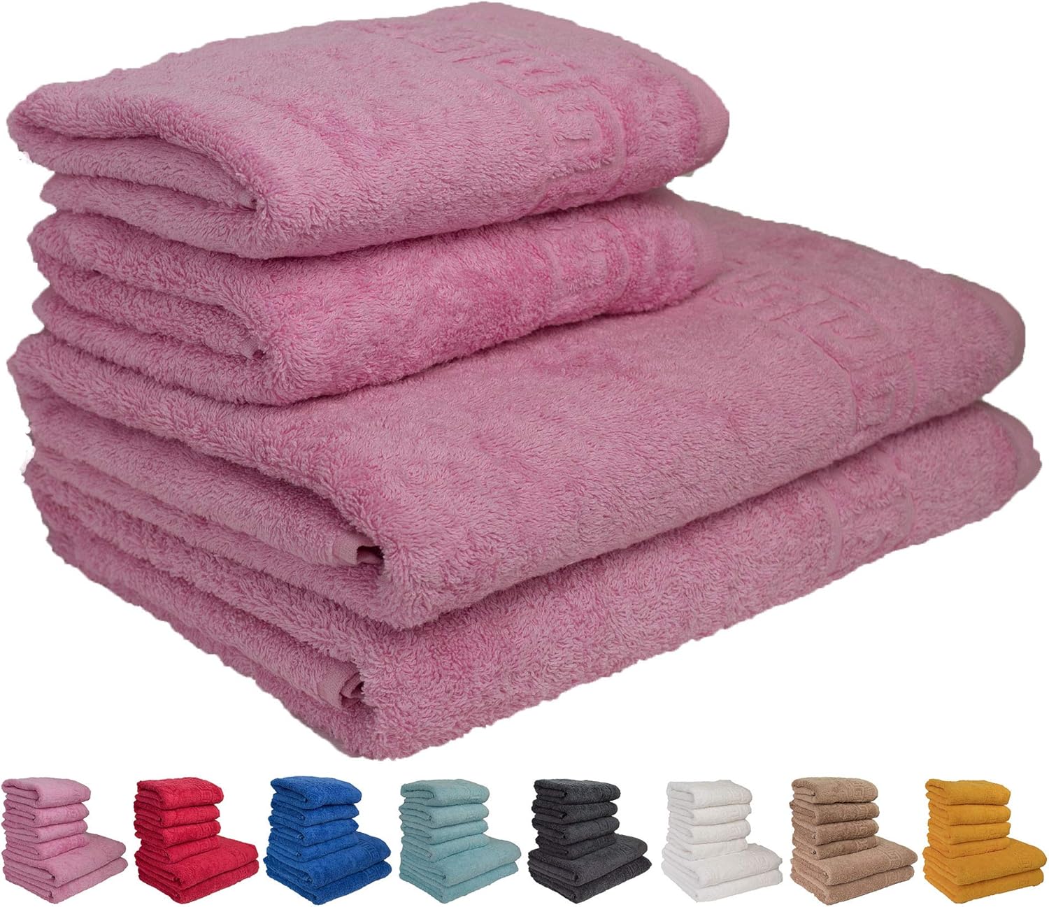 PINK 2 LARGE BATH + 2 LARGE HAND TOWELS SET, 100 NATURAL COTTON 500