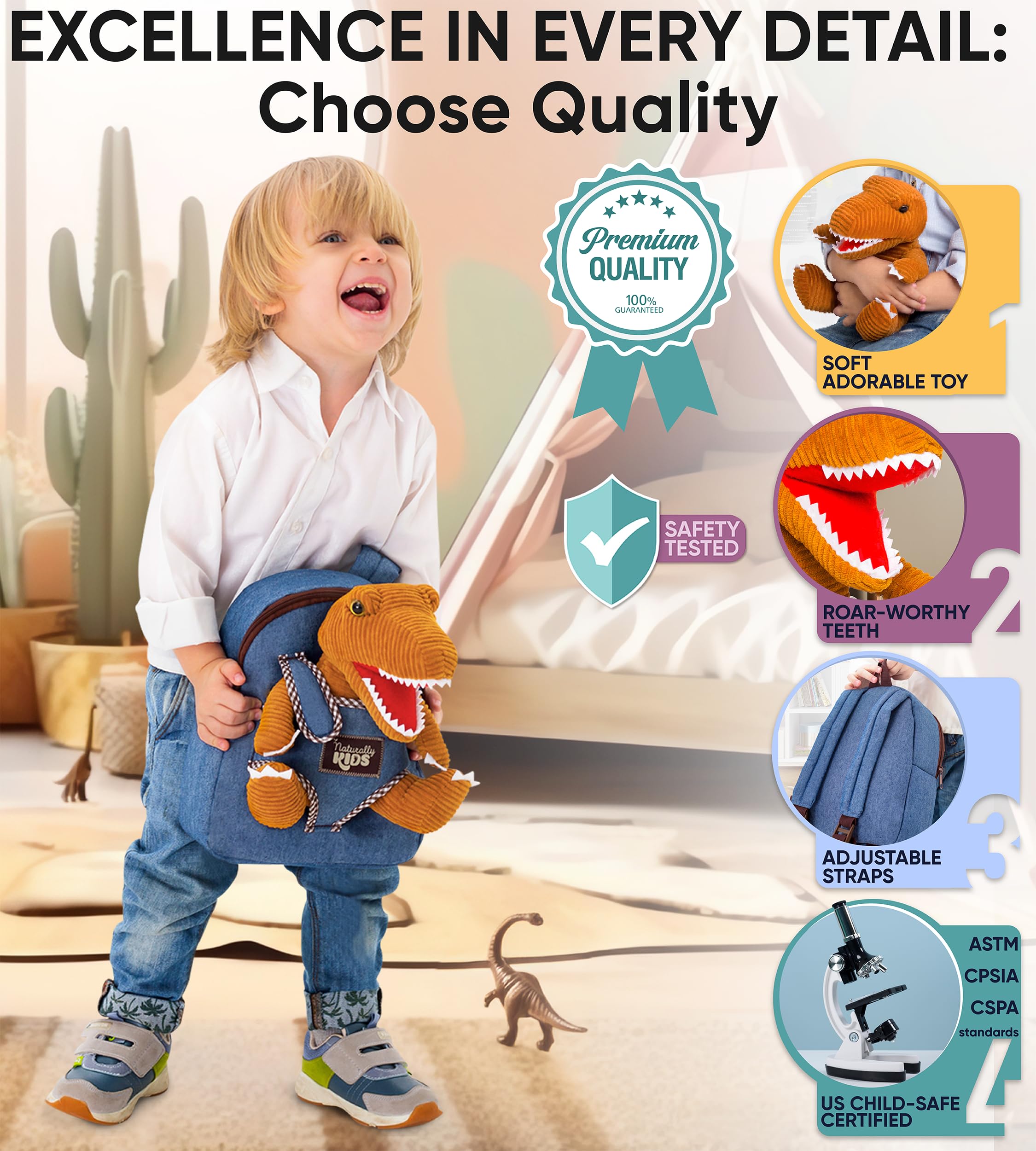 Naturally KIDS Dinosaur Toys for Kids 3-5, Dinosaur Toys for Kids 2-4, Birthday Gifts for 2 Year Old Boy, Gifts for 3 Year Old Boys, Toddler Backpack