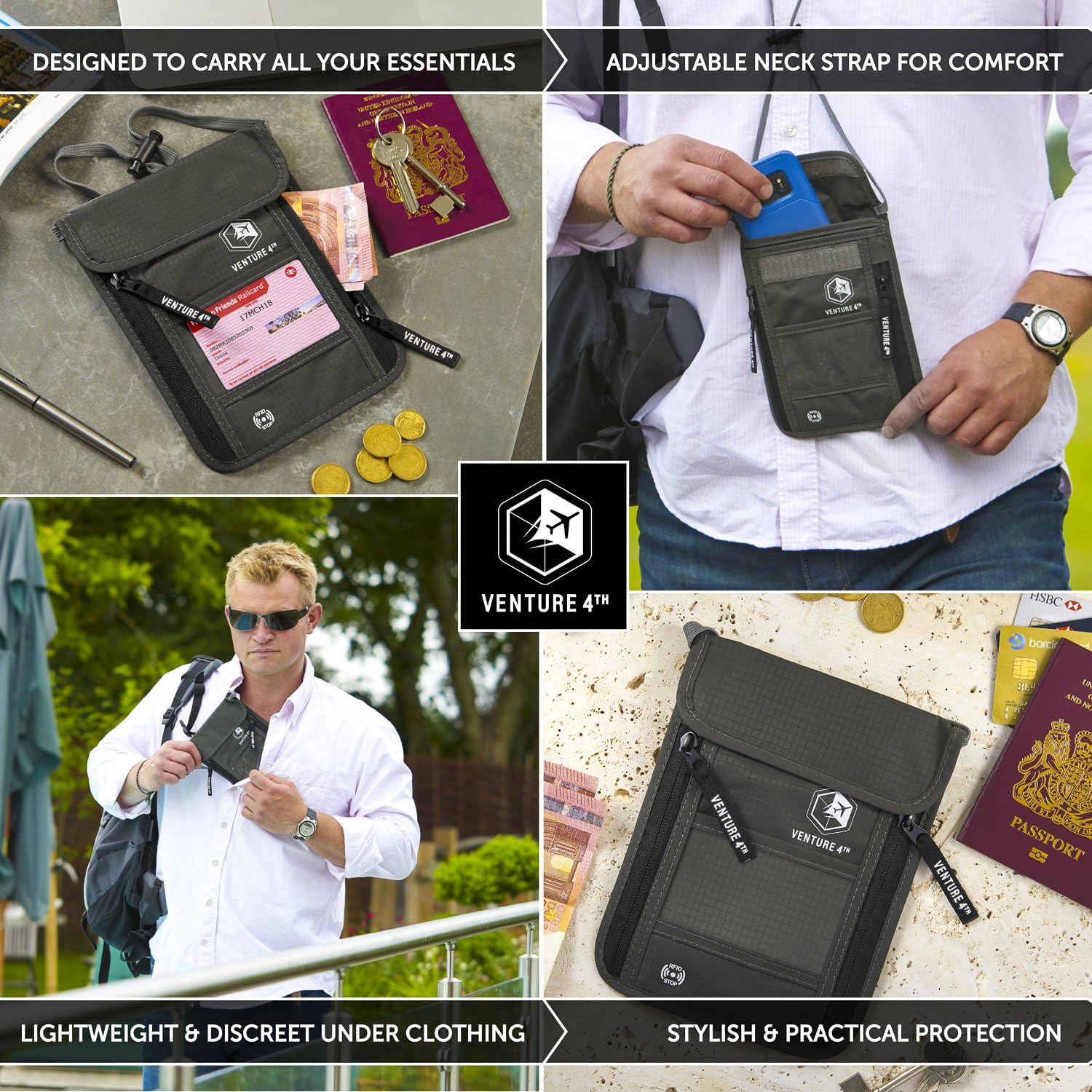  | Venture 4th Travel Neck Pouch With RFID Blocking - Travel Wallet Passport Holder (Grey) | Travel Wallets