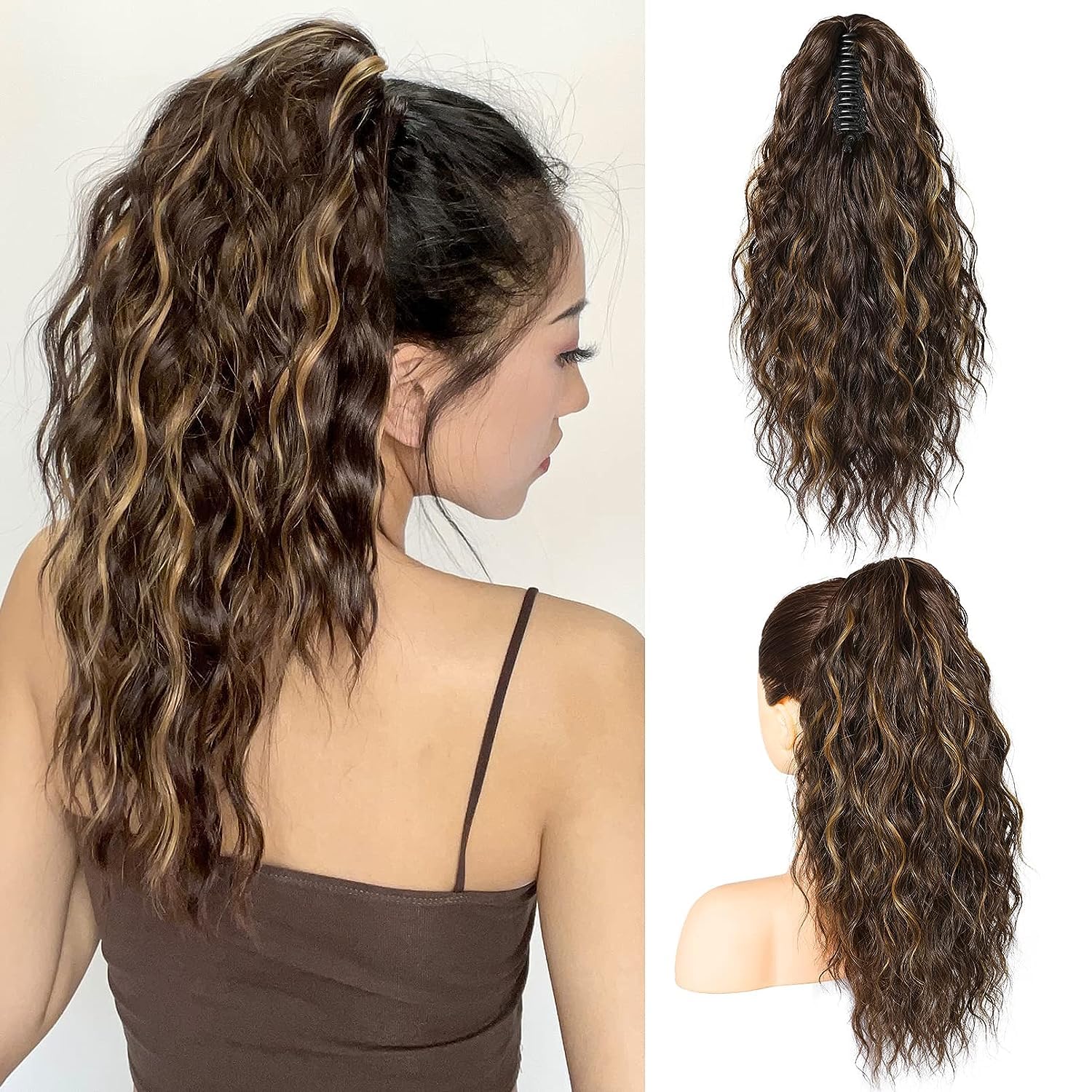 PORSMEER Ponytail Extension, 18 Inch Claw Multi Layered Clip on Ponytail Extension for Women Long Curly Wavy Hair Extensions Natural Fluffy Synthetic Clip in Hairpiece for Daily Use (Chocolate Brown)