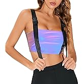 LZLRUN Women's Rainbow Reflective Crop Tops Tank Camis Metallic Holographic Camisole Rave Top Outfit