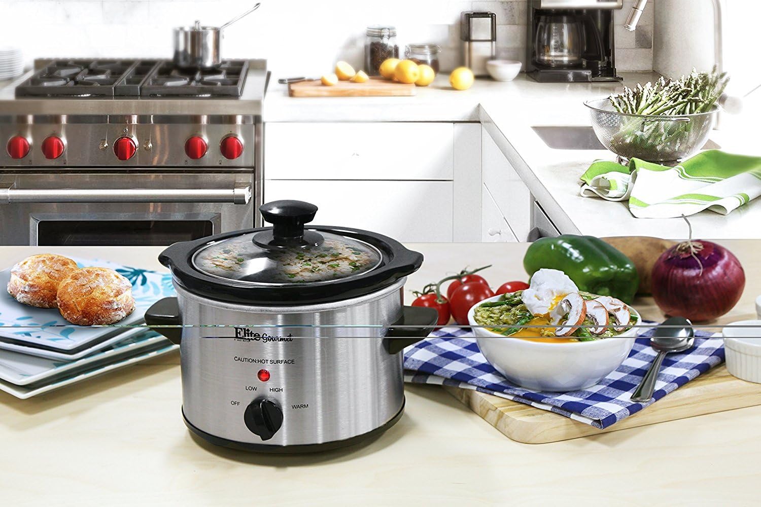 Elite Gourmet Lid & Ceramic Pot Slow Cooker with Adjustable Temp, Entrees, Sauces, Stews & Dips, Dishwasher Safe Glass Lid & Crock, 1.5 Quart, Stainless Steel: Crock Pot: Kitchen & Dining
