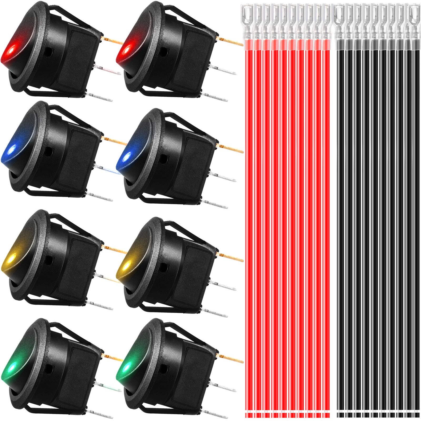 8 Pieces 12V 20A Round Toggle Switch, 3 Pin DC 12V 20A Auto Illuminated Round Rocker Switch Button On/Off Toggle Spst Switch with Led Dot Light with 16 Pieces 6.3 mm Jumper Wire for Car Boat Truck