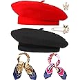 6 Pieces Wool Beret Hat Solid Color French Beanie Hat with Silky Scarf Brooch