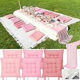 Hillsuren 8 Pcs Picnic Blanket 91x71'' Extra Large for 6, Pink Boho Set | Outdoor Quilt with Tassel, Table Runner, Tufted Floor Cushion for Seating, Picnic Wedding Birthday Baby Shower Backyard Decor