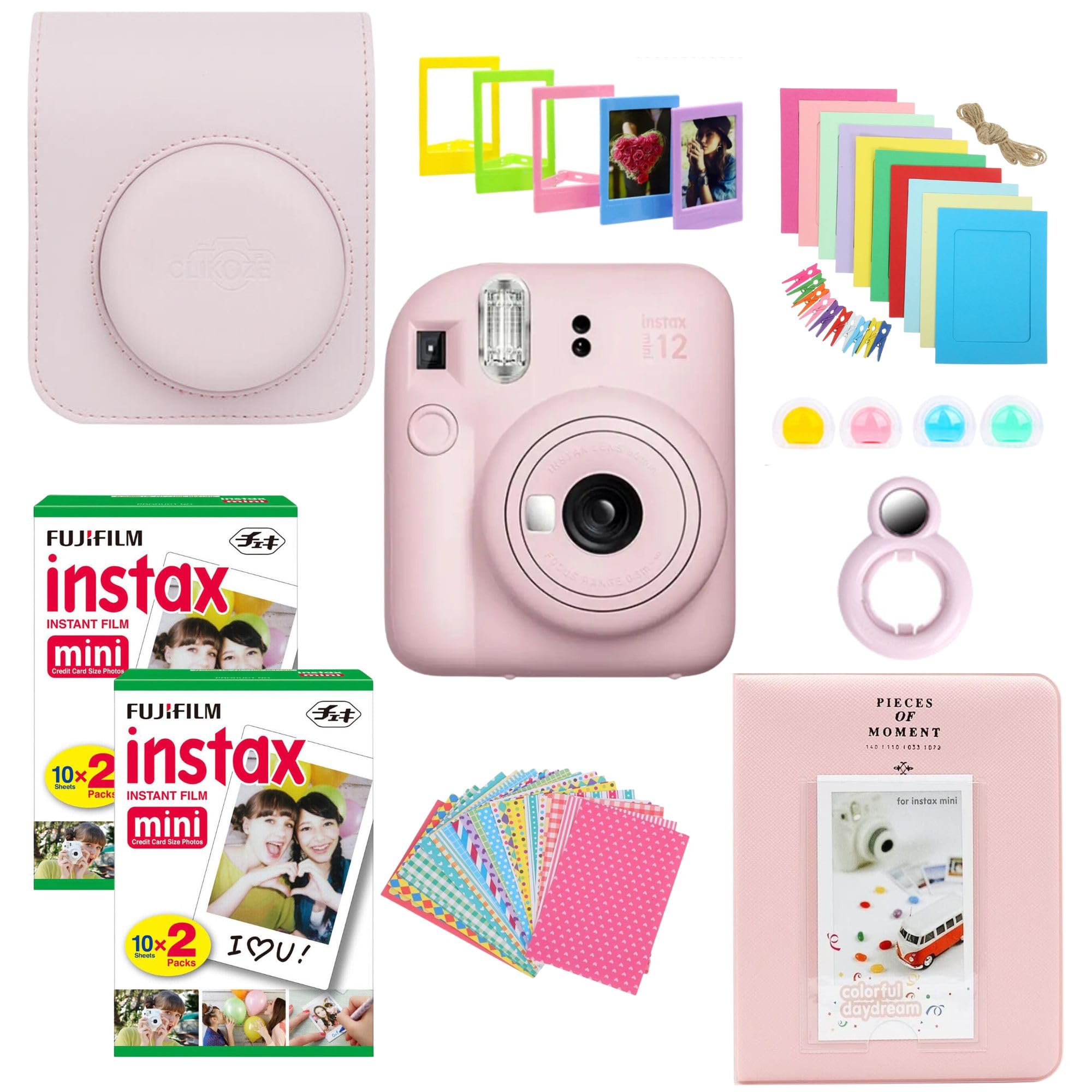 Clikoze Instant Camera Bundle with Fujifilm Mini 12 Blossom Pink Camera, Fujifilm 40 Shot Mini Film, Clikoze Mini 12 Case, Mini Album Book, Film Stickers, Colour Filters and Accessories