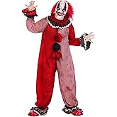 Adult Red Carousel Clown Costume with Mask - Men's Jumpsuit, Red & Black Pom-Poms & Creepy Clown Mask
