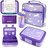 Bento Box with Insulated Lunch Bag, Ice Pack & Water Bottle Set for Kids - 5 Compartments, Lunches or Snack Container Girls, Toddlers Daycare Pre-School, Kindergarten Purple Unicorn
