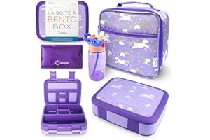 KINSHO Bento Box with Insulated Lunch Bag, Ice Pack & Water Bottle Set for Kids - 5 Compartments, Lunches or Snack Container Girls, Toddlers Daycare Pre-School, Kindergarten Purple Unicorn