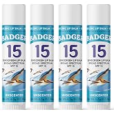 Badger Mineral Sunscreen Lip Balm SPF 15, Reef Safe, .15 oz (4-Pack) | Reef Safe, Zinc Oxide, Unscented, Travel Size, Broad Spectrum SPF Stick, Spf lip balm, Reef safe lip protection