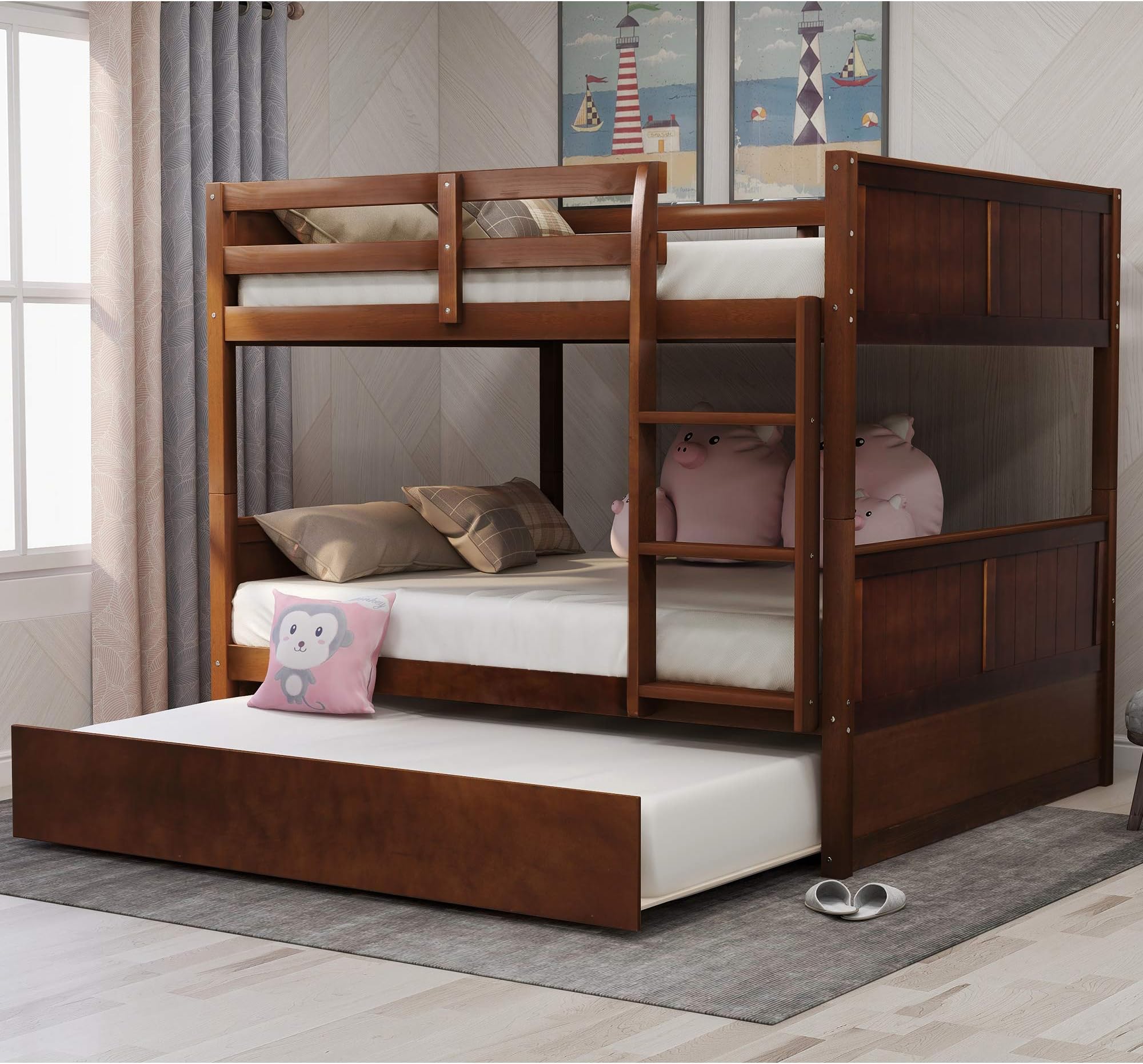 Full Over Full bunk Bed with a Twin Trundle Bed ladders Detachable Wood Full Bunk Bed Frame for Kids, Teens Bedroom, Guest Room Furniture（Wanut）
