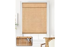 LazBlinds No Tools No Drill Cordless Bamboo Roman Shades, Light Filtering Window Treatment, Roll Up Bamboo Blinds for Window 34'' W x 64'' H, Brown